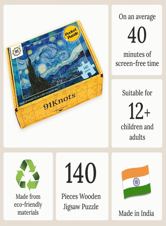 91Knots Vincent Van Gogh's-Starry Night Wooden Jigsaw Puzzle (140 Pieces) for Adults and Kids-Masterstroke Collection | Brain Booster Games & Toys for Above 5+ Years | Birthday Gift for Kids - Image 3